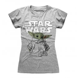 Women T-shirt Star Wars The Mandalorian The Child Sketch grey